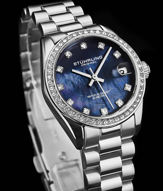 Stuhrling Original Lineage Women's Quartz Watch, 31mm, Blue Mother-of-Pearl Dial, Silver-Tone Stainless Steel Bracelet, Crystal-Accented Bezel