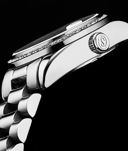 Stuhrling Original Lineage Women's Quartz Watch, 31mm, Blue Mother-of-Pearl Dial, Silver-Tone Stainless Steel Bracelet, Crystal-Accented Bezel
