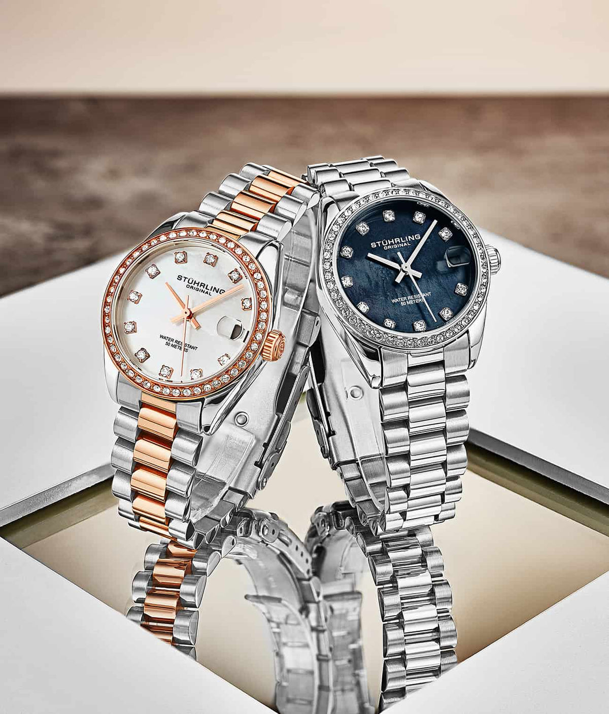 Stuhrling Original Lineage Women's Quartz Watch, 31mm, Silver Mother-of-Pearl Dial, Rose Gold-Tone Bracelet, Crystal-Accented Bezel
