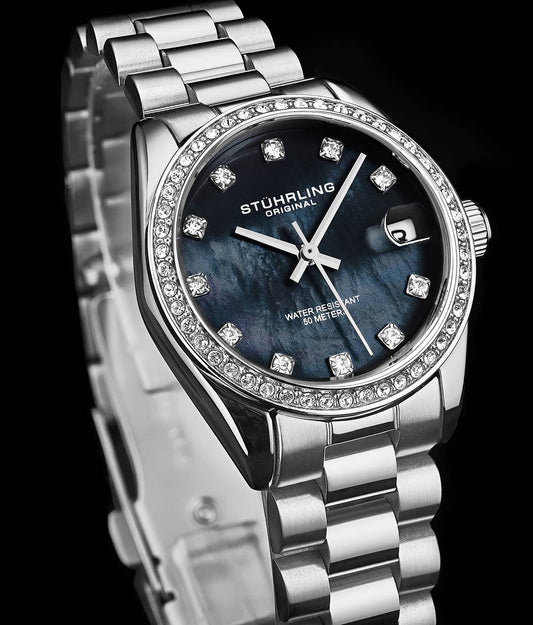 Stuhrling Original Lineage Women's Quartz Watch, 31mm, Black Mother-of-Pearl Dial, Silver-Tone Stainless Steel Bracelet, Crystal-Accented Bezel