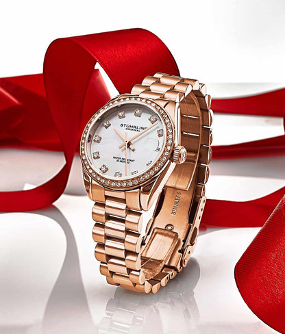 Stuhrling Original Lineage Women's Quartz Watch, 31mm, Silver Mother-of-Pearl Dial, Rose Gold-Tone Bracelet, Crystal-Accented Bezel