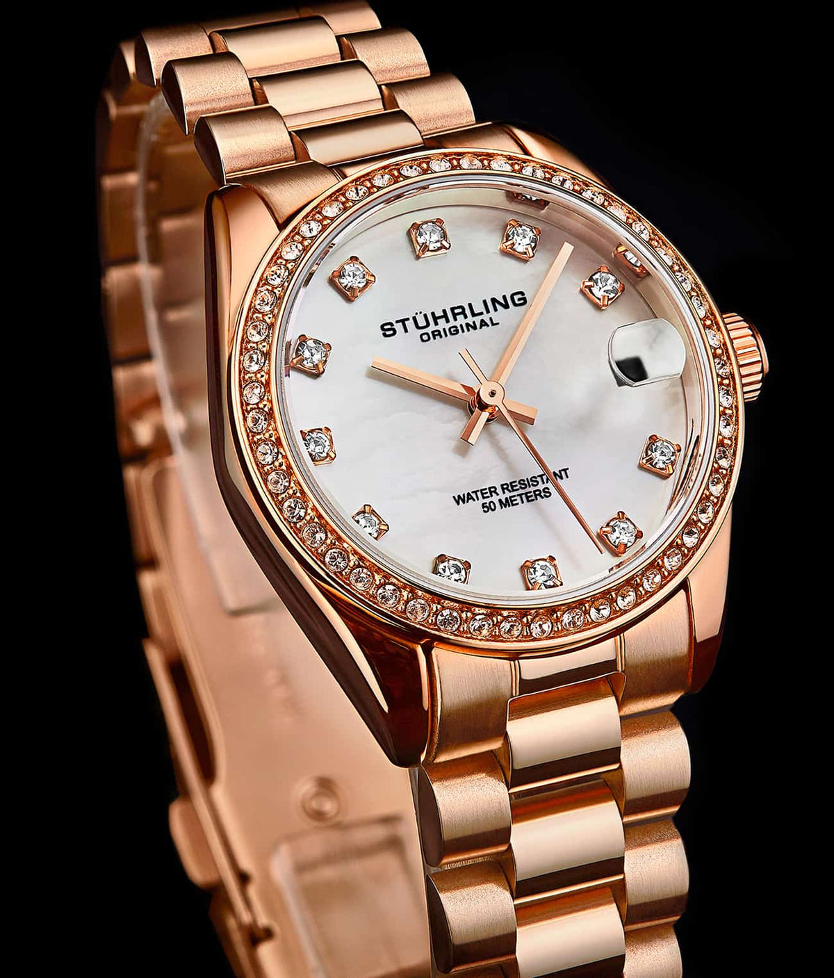 Stuhrling Original Lineage Women's Quartz Watch, 31mm, Silver Mother-of-Pearl Dial, Rose Gold-Tone Bracelet, Crystal-Accented Bezel