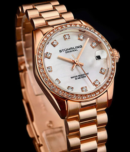 Stuhrling Original Lineage Women's Quartz Watch, 31mm, Silver Mother-of-Pearl Dial, Rose Gold-Tone Bracelet, Crystal-Accented Bezel