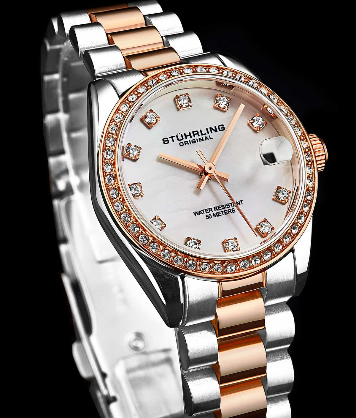 Stuhrling Original Lineage Women's Quartz Watch, 31mm, Silver Mother-of-Pearl Dial, Rose Gold-Tone Bracelet, Crystal-Accented Bezel
