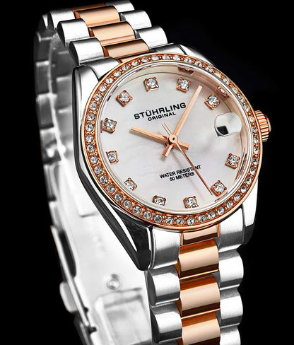 Stuhrling Original Lineage Women's Quartz Watch, 31mm, Silver Mother-of-Pearl Dial, Rose Gold-Tone Bracelet, Crystal-Accented Bezel