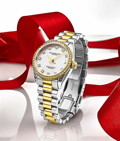 Stuhrling Original Lineage Women's Quartz Watch, 31mm, Silver Mother-of-Pearl Dial, Two-Tone Gold & Silver Bracelet, Crystal-Accented Bezel