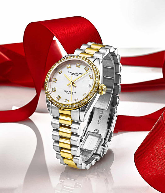 Stuhrling Original Lineage Women's Quartz Watch, 31mm, Silver Mother-of-Pearl Dial, Two-Tone Gold & Silver Bracelet, Crystal-Accented Bezel