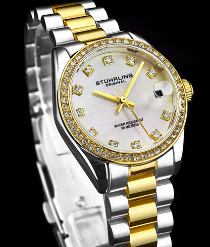 Stuhrling Original Lineage Women's Quartz Watch, 31mm, Silver Mother-of-Pearl Dial, Two-Tone Gold & Silver Bracelet, Crystal-Accented Bezel