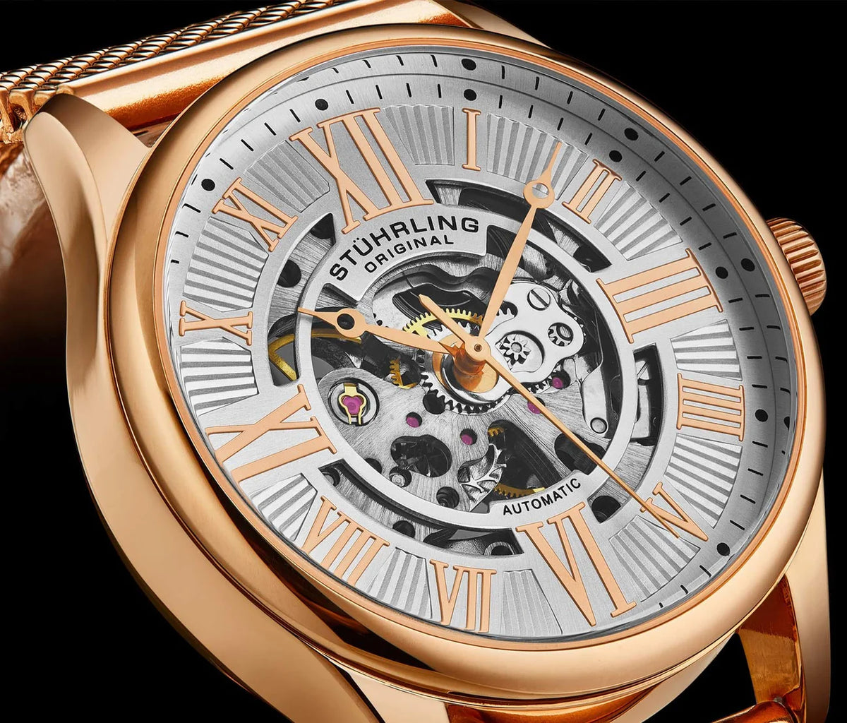 Stuhrling Original Atrium 3942M Men's Automatic Skeleton Watch, 42mm, Rose Gold-Tone Mesh Bracelet