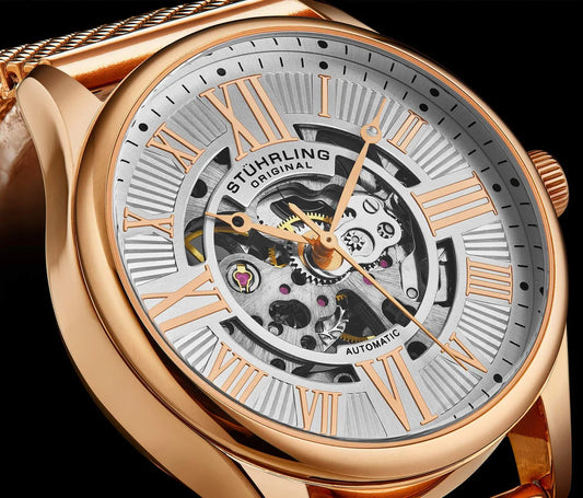 Stuhrling Original Atrium 3942M Men's Automatic Skeleton Watch, 42mm, Rose Gold-Tone Mesh Bracelet