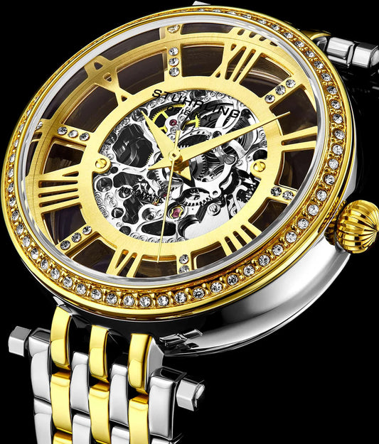 Stuhrling Original Delphi 3944 Women's Automatic Watch, 38mm, Two-Tone Gold & Silver Bracelet, Skeleton Dial