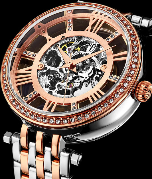 Stuhrling Original Delphi 3944 Women's Automatic Skeleton Watch, 38mm, Two-Tone Rose Gold & Silver Bracelet, Skeleton Dial