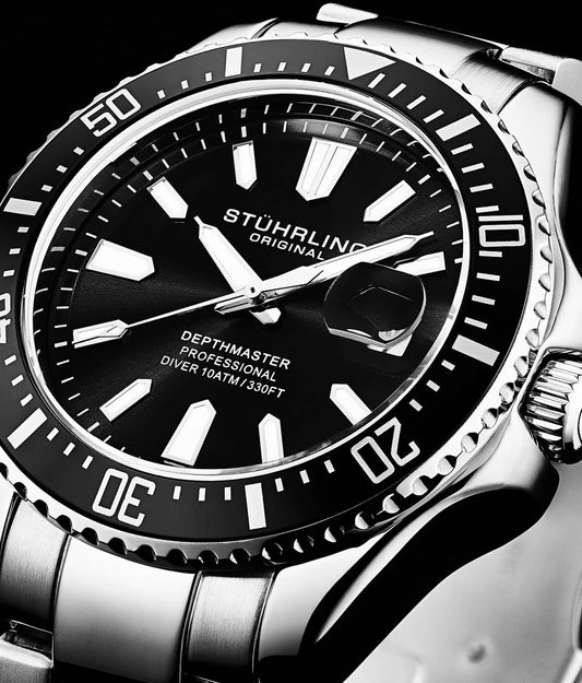 Stuhrling Original Depthmaster 3950A Men's Quartz Diver Watch, Black Dial, Stainless Steel Bracelet
