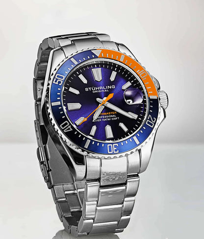Stuhrling Original Depthmaster 3950A Men's Quartz Diver Watch, 42mm, Blue Dial, Blue And Orange Bezel
