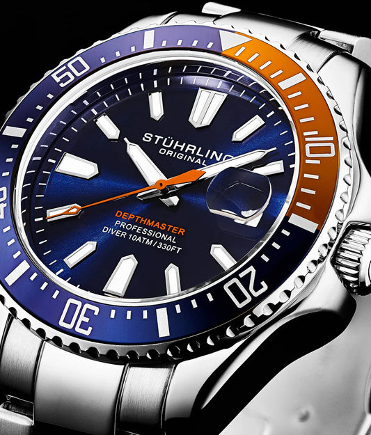 Stuhrling Original Depthmaster 3950A Men's Quartz Diver Watch, 42mm, Blue Dial, Blue And Orange Bezel