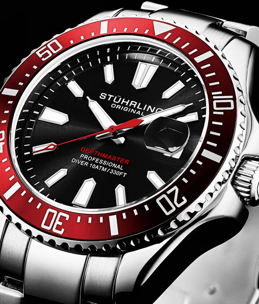 Stuhrling Original Depthmaster 3950A Men's Quartz Diver Watch, Black Dial, Stainless Steel Bracelet
