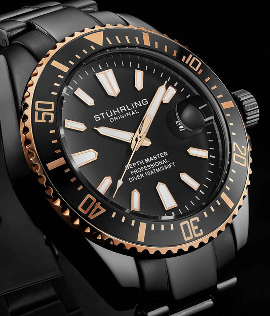 Stuhrling Original Depthmaster 3950A Men's Quartz Diver Watch, 42mm, Black Dial, Black Bracelet