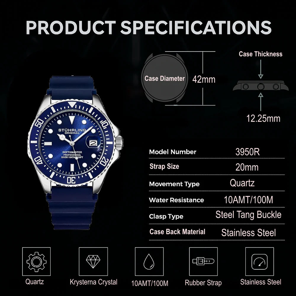 Stuhrling Original Depthmaster 3950R Men's Quartz Diver Watch, 42mm, Black Dial, Black Rubber Strap