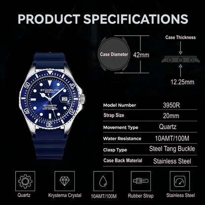 Stuhrling Original Depthmaster 3950R Men's Quartz Diver Watch, 42mm, Black Dial, Black Rubber Strap