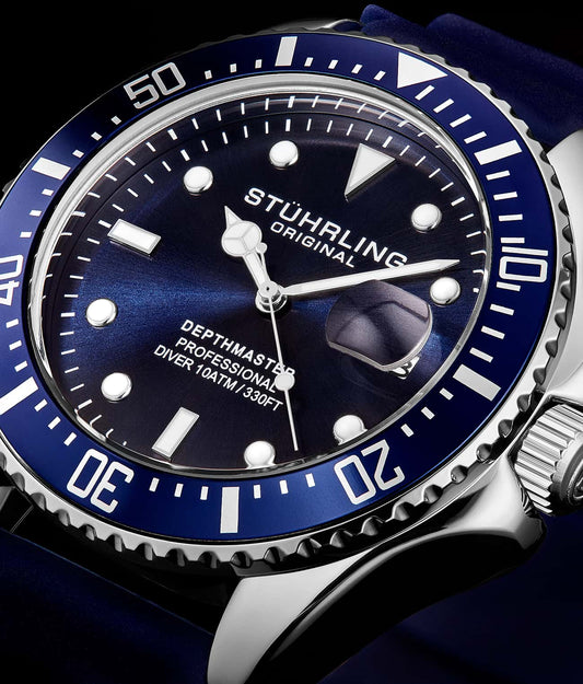 Stuhrling Original Depthmaster 3950R Men's Quartz Diver Watch, 42mm, Blue Dial, Blue Rubber Strap