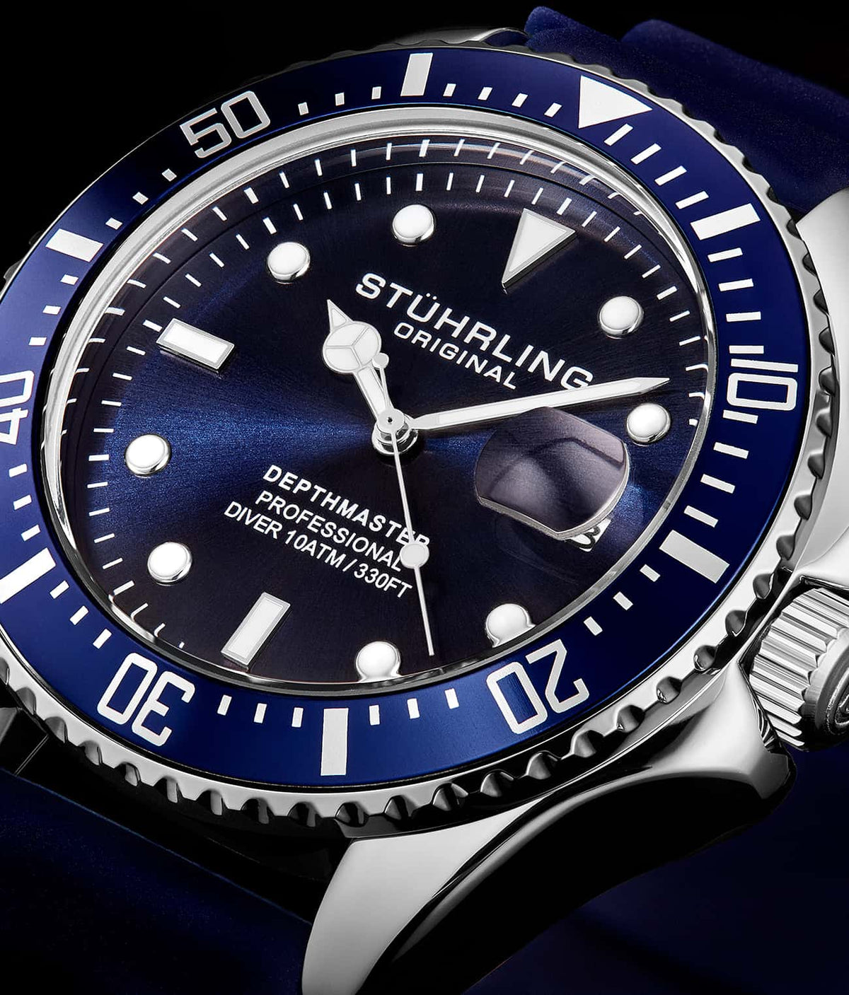 Stuhrling Original Depthmaster 3950R Men's Quartz Diver Watch, 42mm, Blue Dial, Blue Rubber Strap