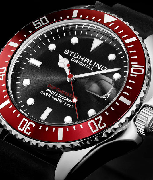 Stuhrling Original Depthmaster 3950R Men's Quartz Diver Watch, 42mm, Black Dial, Black Rubber Strap