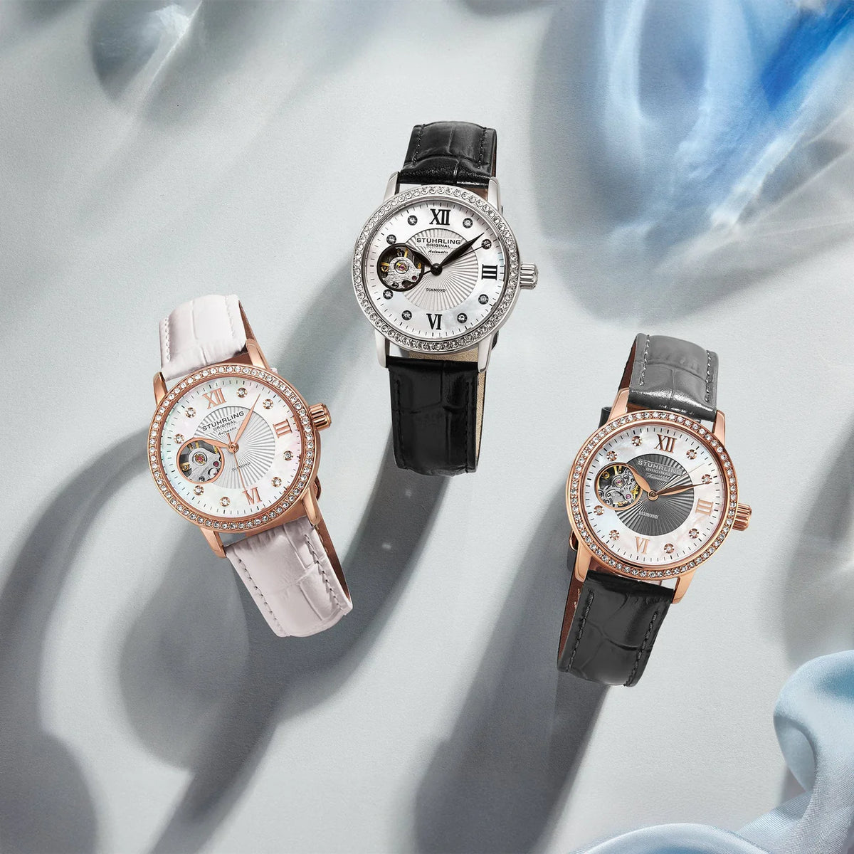 Stuhrling Original Legacy Women's Automatic Watch, 34mm, White Mother-of-Pearl Dial, Gray Embossed Leather Strap, Skeleton Dial