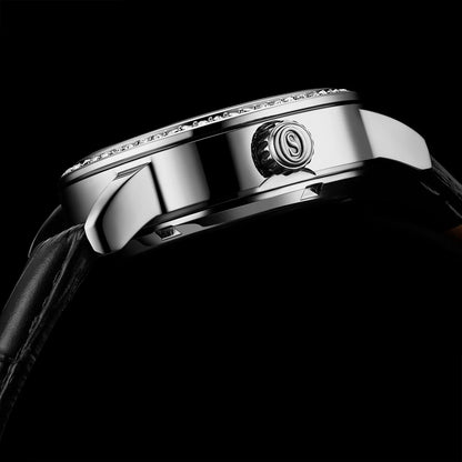 Stuhrling Original Legacy Women's Automatic Watch, 34mm, White Mother-of-Pearl Dial, Black Embossed Leather Strap, Skeleton Dial