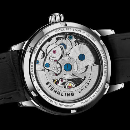 Stuhrling Original Legacy Women's Automatic Watch, 34mm, White Mother-of-Pearl Dial, Black Embossed Leather Strap, Skeleton Dial