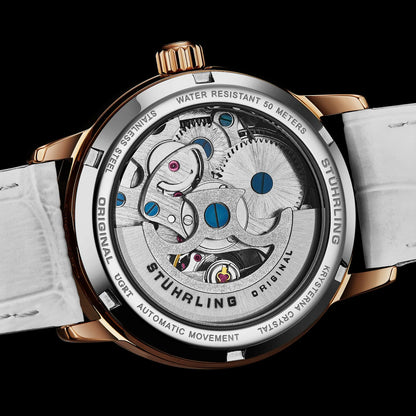 Stuhrling Original Legacy Women's Automatic Watch, 34mm, White Mother-of-Pearl Dial, White Embossed Leather Strap, Skeleton Dial