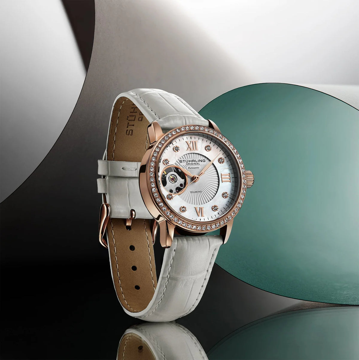 Stuhrling Original Legacy Women's Automatic Watch, 34mm, White Mother-of-Pearl Dial, White Embossed Leather Strap, Skeleton Dial