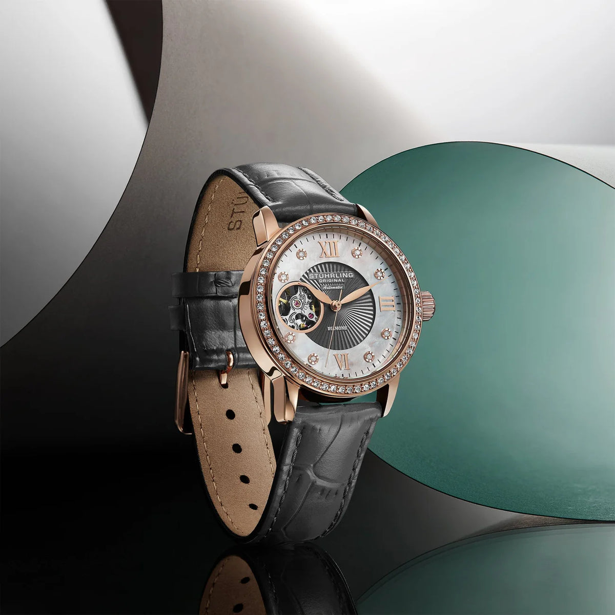 Stuhrling Original Legacy Women's Automatic Watch, 34mm, White Mother-of-Pearl Dial, Gray Embossed Leather Strap, Skeleton Dial