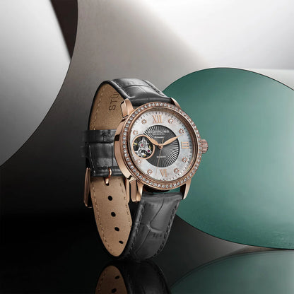 Stuhrling Original Legacy Women's Automatic Watch, 34mm, White Mother-of-Pearl Dial, Gray Embossed Leather Strap, Skeleton Dial