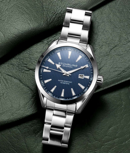 Stuhrling Original Symphony 3953 Men's Quartz Watch, Blue Dial, Silver Bezel, Silver Bracelet