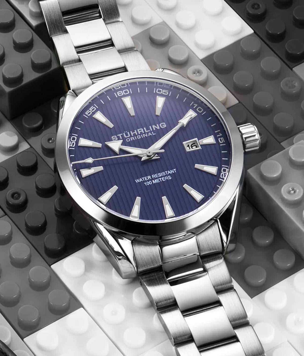 Stuhrling Original Symphony 3953 Men's Quartz Watch, Blue Dial, Silver Bezel, Silver Bracelet
