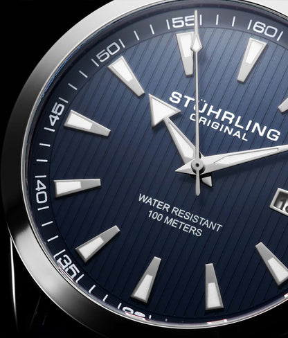Stuhrling Original Symphony 3953 Men's Quartz Watch, Blue Dial, Silver Bezel, Silver Bracelet