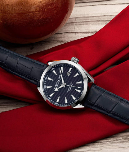 Stuhrling Original Symphony 3953 Men's Quartz Watch, Blue Dial, Silver Bezel, Blue Alligator Embossed Leather Strap