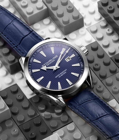 Stuhrling Original Symphony 3953 Men's Quartz Watch, Blue Dial, Silver Bezel, Blue Alligator Embossed Leather Strap