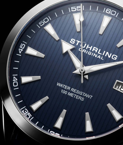 Stuhrling Original Symphony 3953 Men's Quartz Watch, Blue Dial, Silver Bezel, Blue Alligator Embossed Leather Strap
