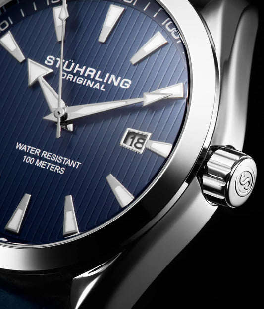 Stuhrling Original Symphony 3953 Men's Quartz Watch, Blue Dial, Silver Bezel, Blue Alligator Embossed Leather Strap