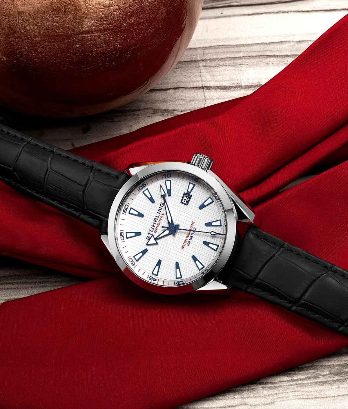 Stuhrling Original Symphony 3953 Men's Quartz Watch, White Dial, Silver Bezel, Black Alligator Embossed Leather Strap