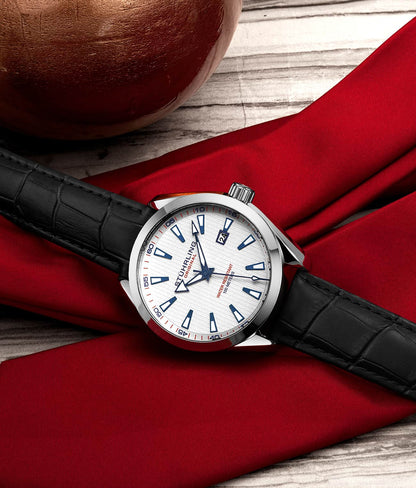 Stuhrling Original Symphony 3953 Men's Quartz Watch, White Dial, Silver Bezel, Black Alligator Embossed Leather Strap
