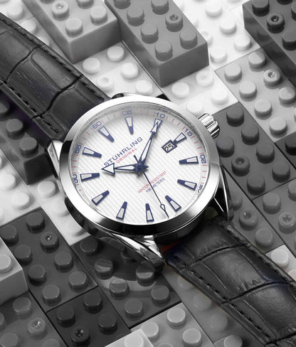 Stuhrling Original Symphony 3953 Men's Quartz Watch, White Dial, Silver Bezel, Black Alligator Embossed Leather Strap