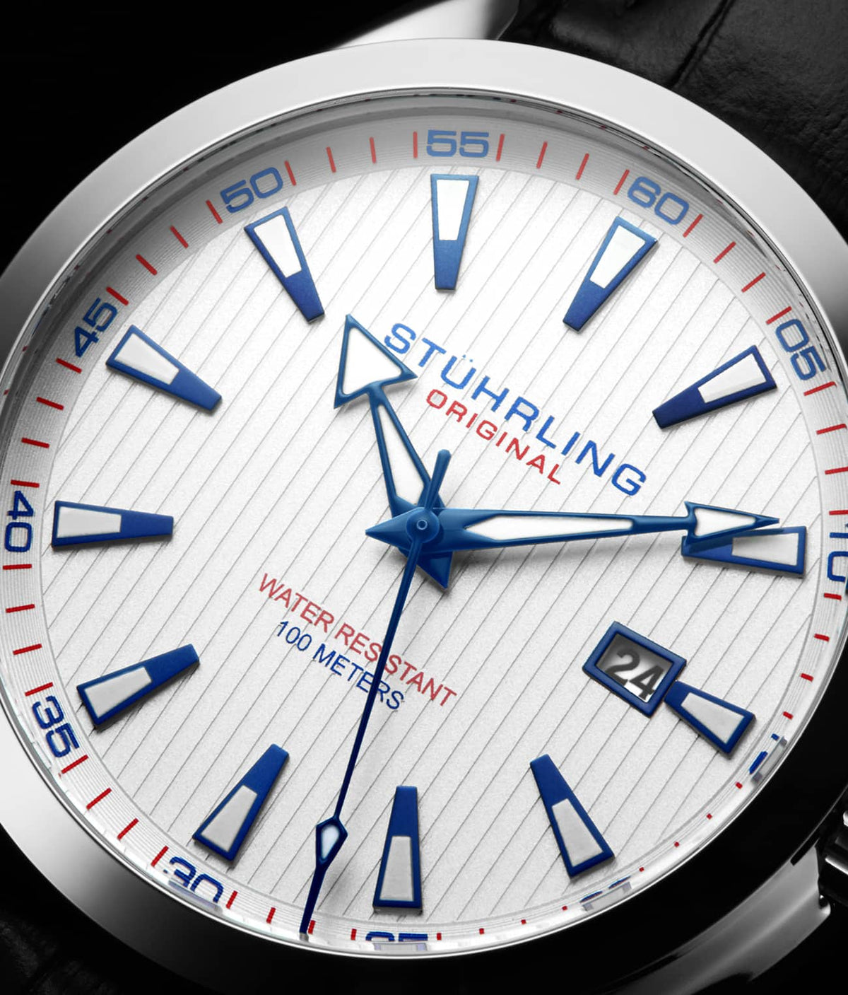 Stuhrling Original Symphony 3953 Men's Quartz Watch, White Dial, Silver Bezel, Black Alligator Embossed Leather Strap