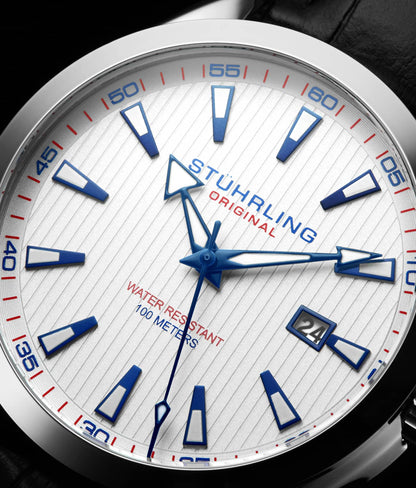 Stuhrling Original Symphony 3953 Men's Quartz Watch, White Dial, Silver Bezel, Black Alligator Embossed Leather Strap