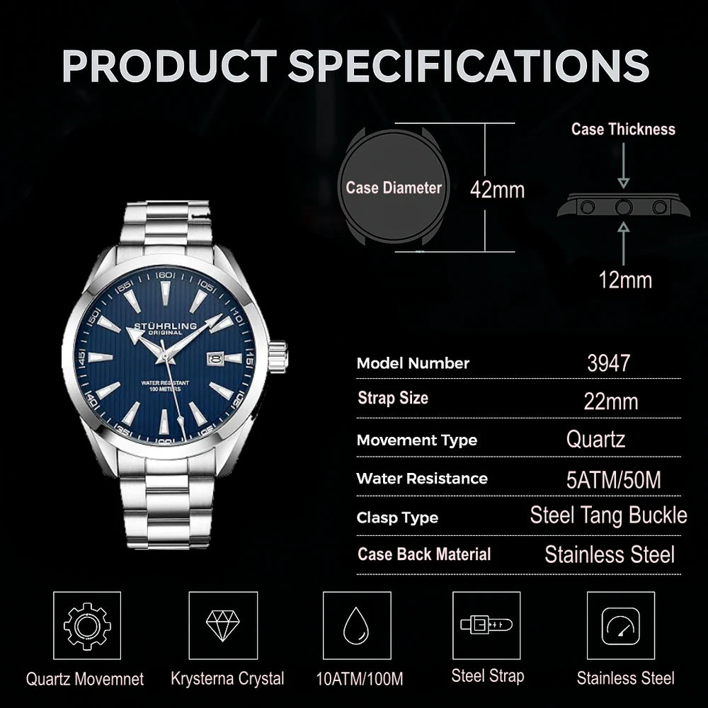 Stuhrling Original Symphony 3953 Men's Quartz Watch, White Dial, Silver Bezel, Black Alligator Embossed Leather Strap
