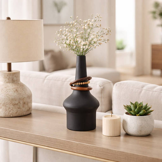 Decorative Vase - Black Metal Wood Bead Rings, 18 in.