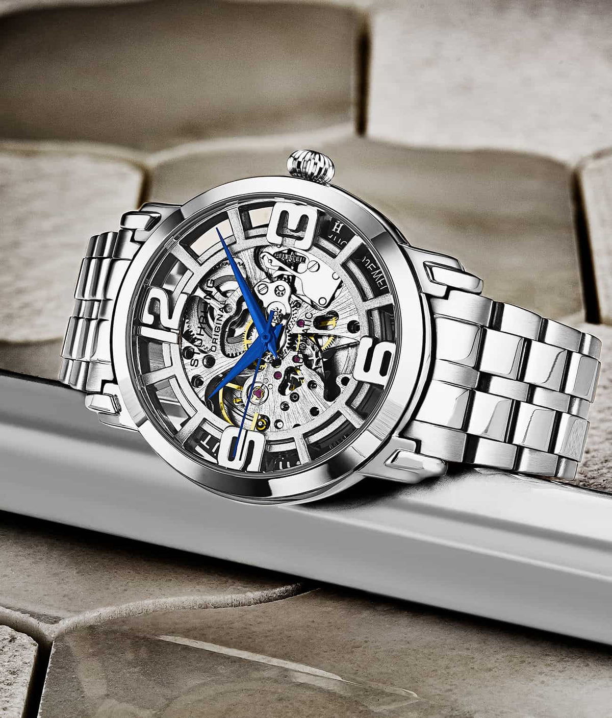 Stuhrling Original Winchester 3964 Men's Automatic Skeleton Watch, 42mm, Silver Bezel, Silver Link Bracelet