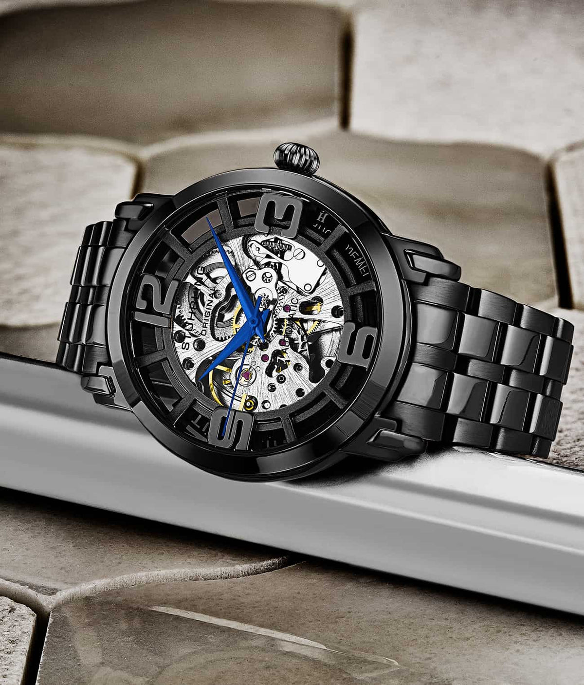 Stuhrling Original Winchester 3964 Men's Automatic Skeleton Watch, 42mm, Black Bezel, Black Link Bracelet