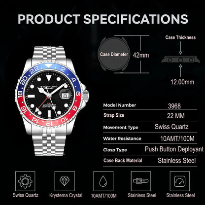 Stuhrling Original Meridian GMT Men's Quartz GMT Watch, 42mm, Style D25DG